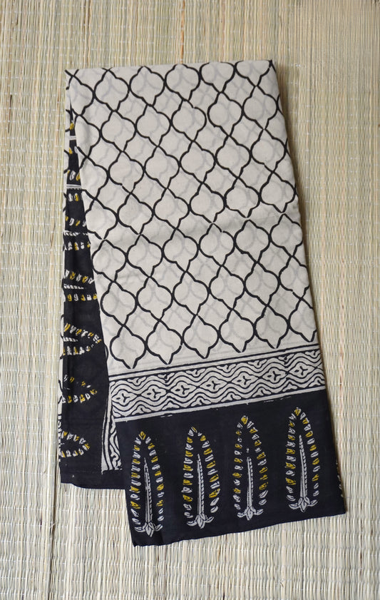 Beige & Black Mulmul Cotton Saree Tribal Block Prints