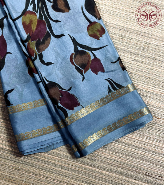 Grey Hand Painted Pure Silk Mysore Crepe Saree
