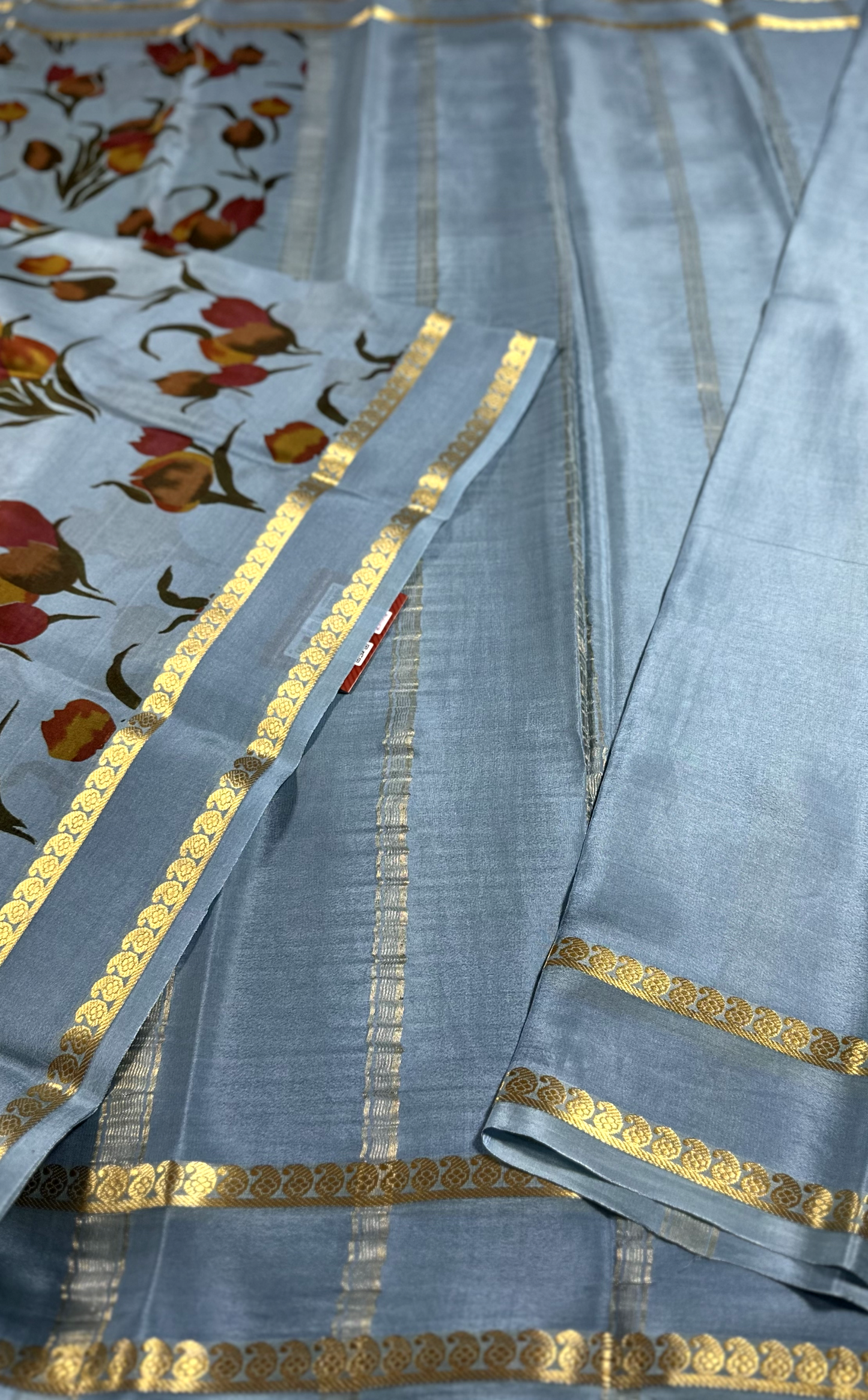 Grey Hand Painted Pure Silk Mysore Crepe Saree