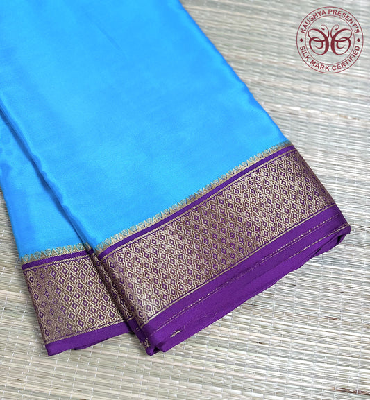 Sky Blue & Purple Pure Silk Mysore Crepe Saree with Dot Border