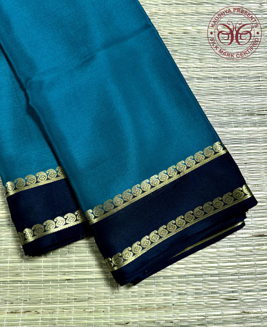 Rama Green & Dark Blue Light Weight Pure Silk Mysore Crepe Saree With Piping Border