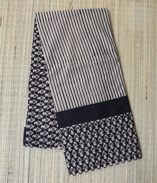 Black & Off-White Mulmul Cotton Saree with Striped & Floral Prints