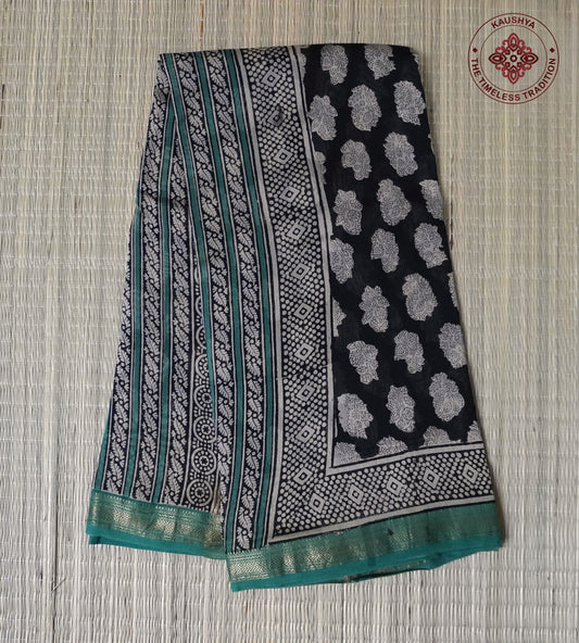 Black Handblock Printed Maheshwari Saree with Intricate Floral Motifs
