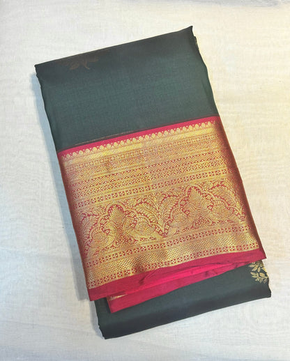 Dark Green & Pink Kanchipuram Pure Silk Saree with Kottanch Butta