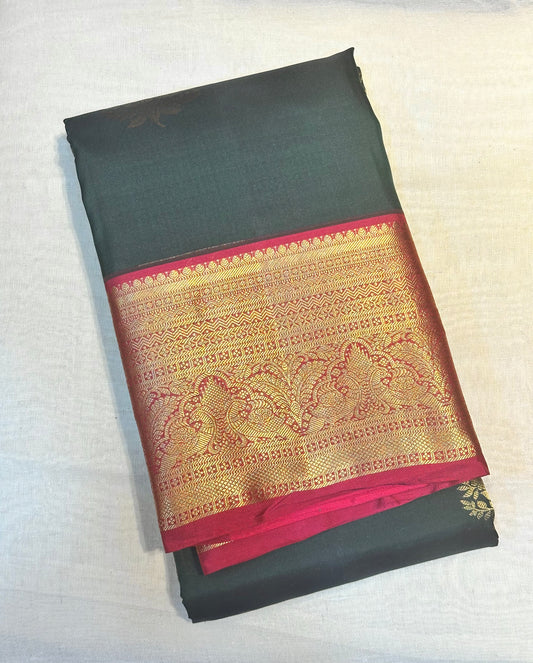 Dark Green & Pink Kanchipuram Pure Silk Saree with Kottanch Butta