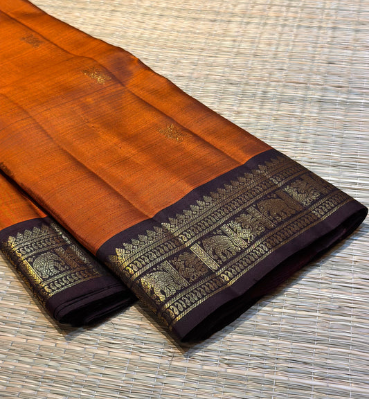 Rust Orange & Deep Brown  Kanchipuram Pure Silk Saree with 2g zari