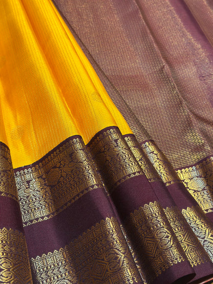 Yellow & Brown Handloom Kanchipuram Pure Silk Saree with Kuttu Jari