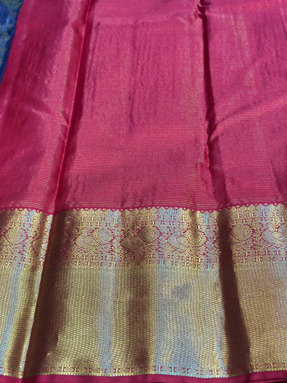 Navy Blue & Magenta Pink Handloom Kanchipuram Pure Silk Saree with Kottanch Jari