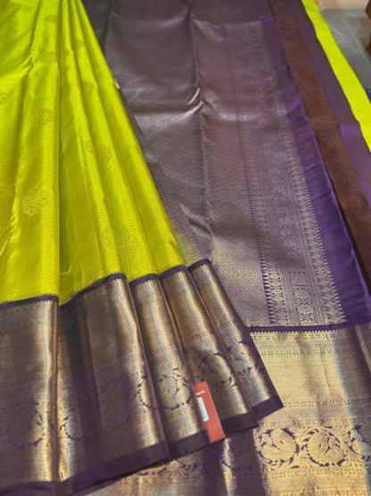 Neon Green & Dark Purple Handloom Kanchipuram Pure Silk Saree with Kottanch Jari