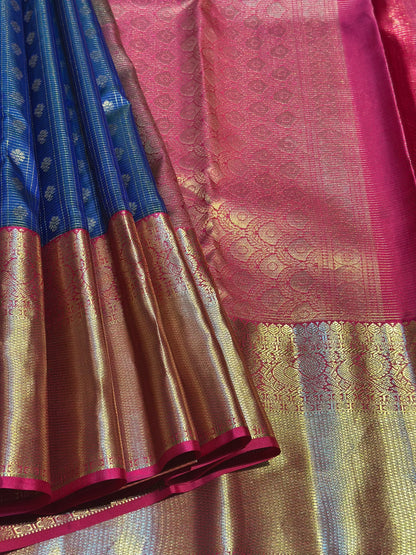 Navy Blue & Magenta Pink Handloom Kanchipuram Pure Silk Saree with Kottanch Jari