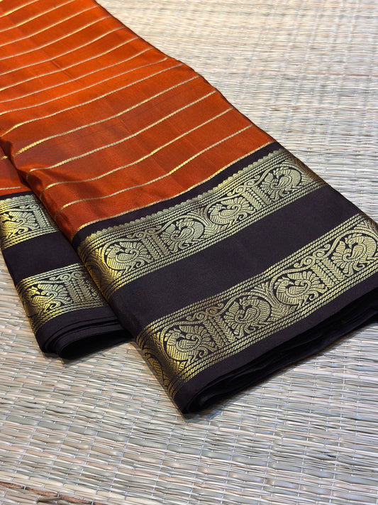 Rust Orange & Deep Brown Kanchipuram Pure Silk Saree with Big Gap Border