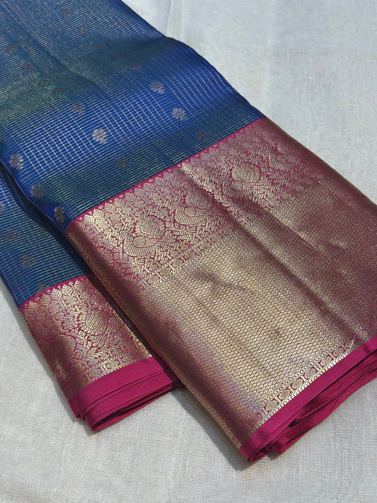 Navy Blue & Magenta Pink Handloom Kanchipuram Pure Silk Saree with Kottanch Jari