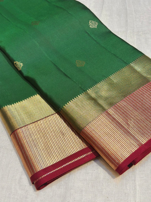 Green Handloom Kanchipuram Pure Silk Saree with Striped Border