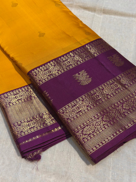 Yellow & Purple Handloom Kanchipuram Pure Silk Saree with Kuttu Jari