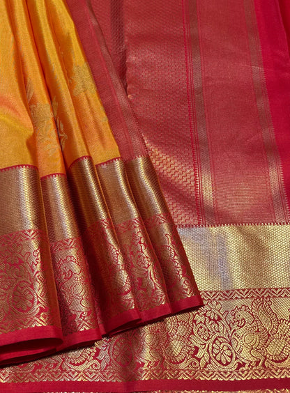 Orange & Red Handloom Kanchipuram Pure Silk Saree