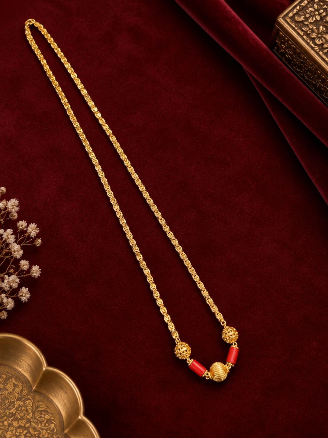 Coral Gold Bead Long Chain