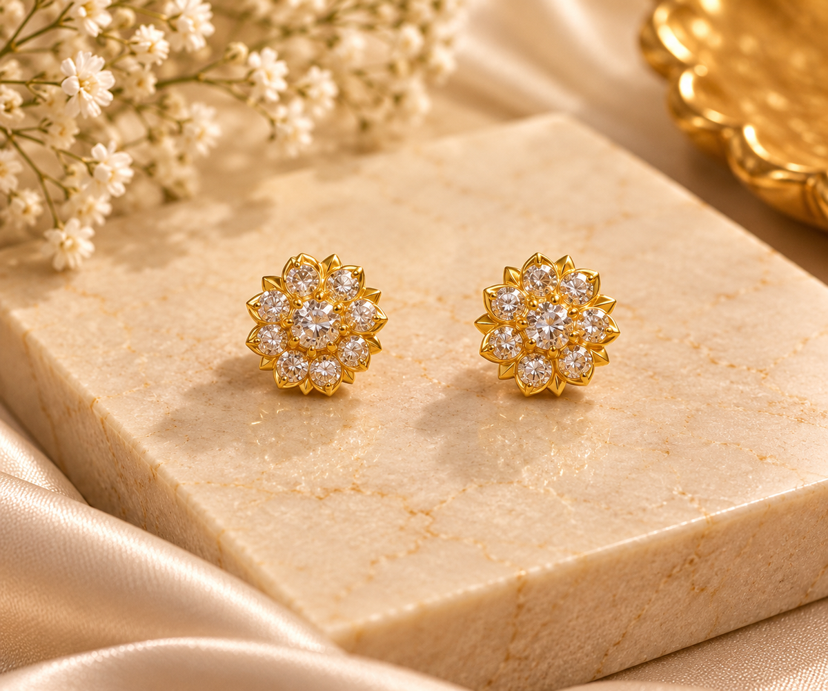 Floral White  Mini Stud Gold Plated Earrings
