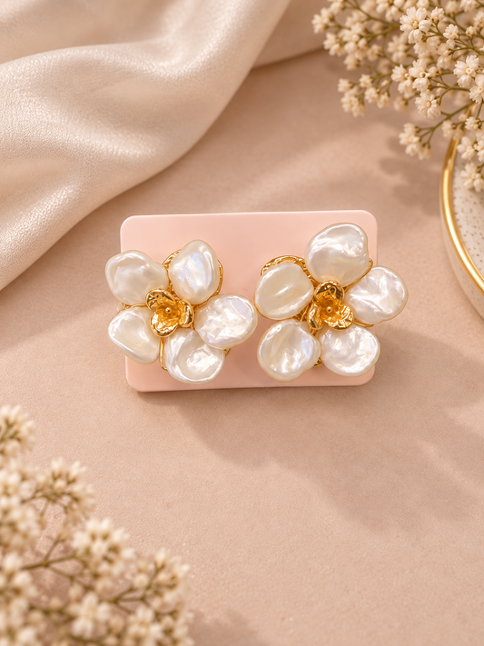 FreshWater Pearl Stud Earrings With Natural White 6-7mm Baroque Flowers