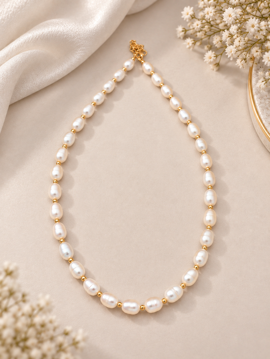 Geometric FreshWater Pearl Necklace Featuring Beading