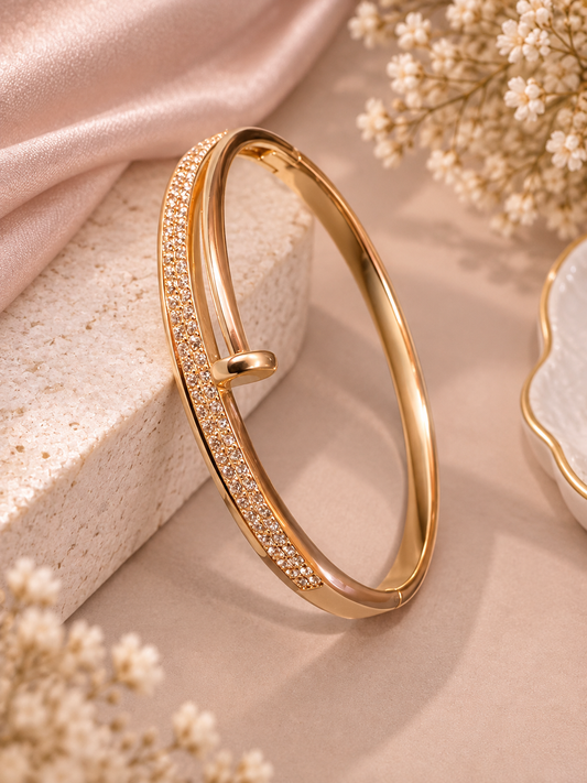 Geometric Copper Bangle With Zircon Inlay ,18K Real Gold Plated
