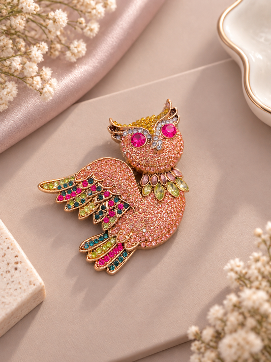 Owl Pin In Rose Gold Featuring Rhinestone  Made Of Zinc Alloy