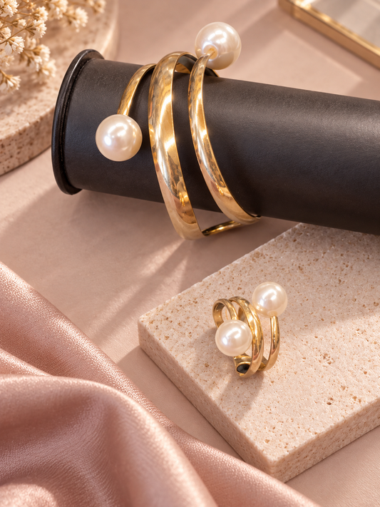 Double Ring Bangle With Twist Craft  And Imitation Pearl Inlay
