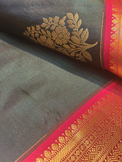 Dark Green & Pink Kanchipuram Pure Silk Saree with Kottanch Butta