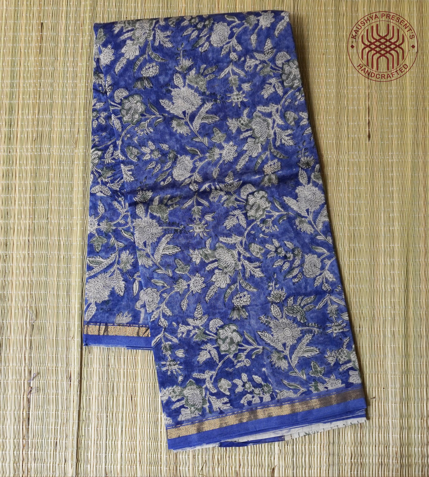 Blue Block Printed Chanderi Cotton Saree With Floral Motifs