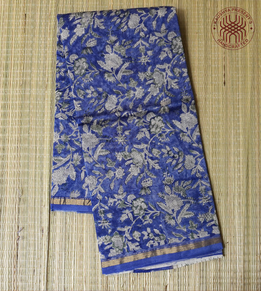 Blue Block Printed Chanderi Cotton Saree With Floral Motifs