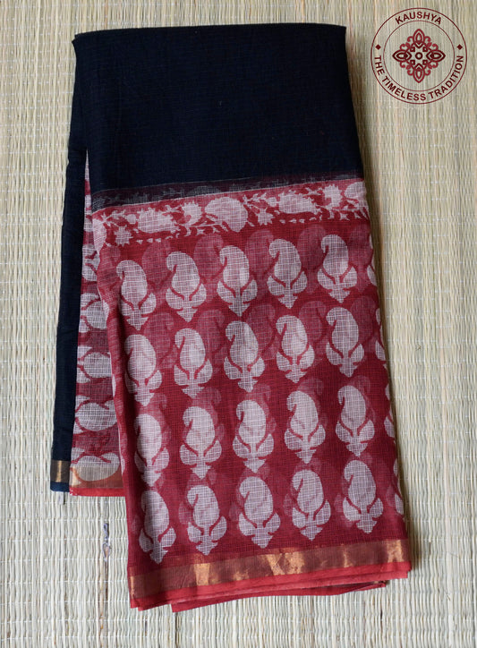 Maroon & Black Handblock Kota Doria Saree with Floral Motifs