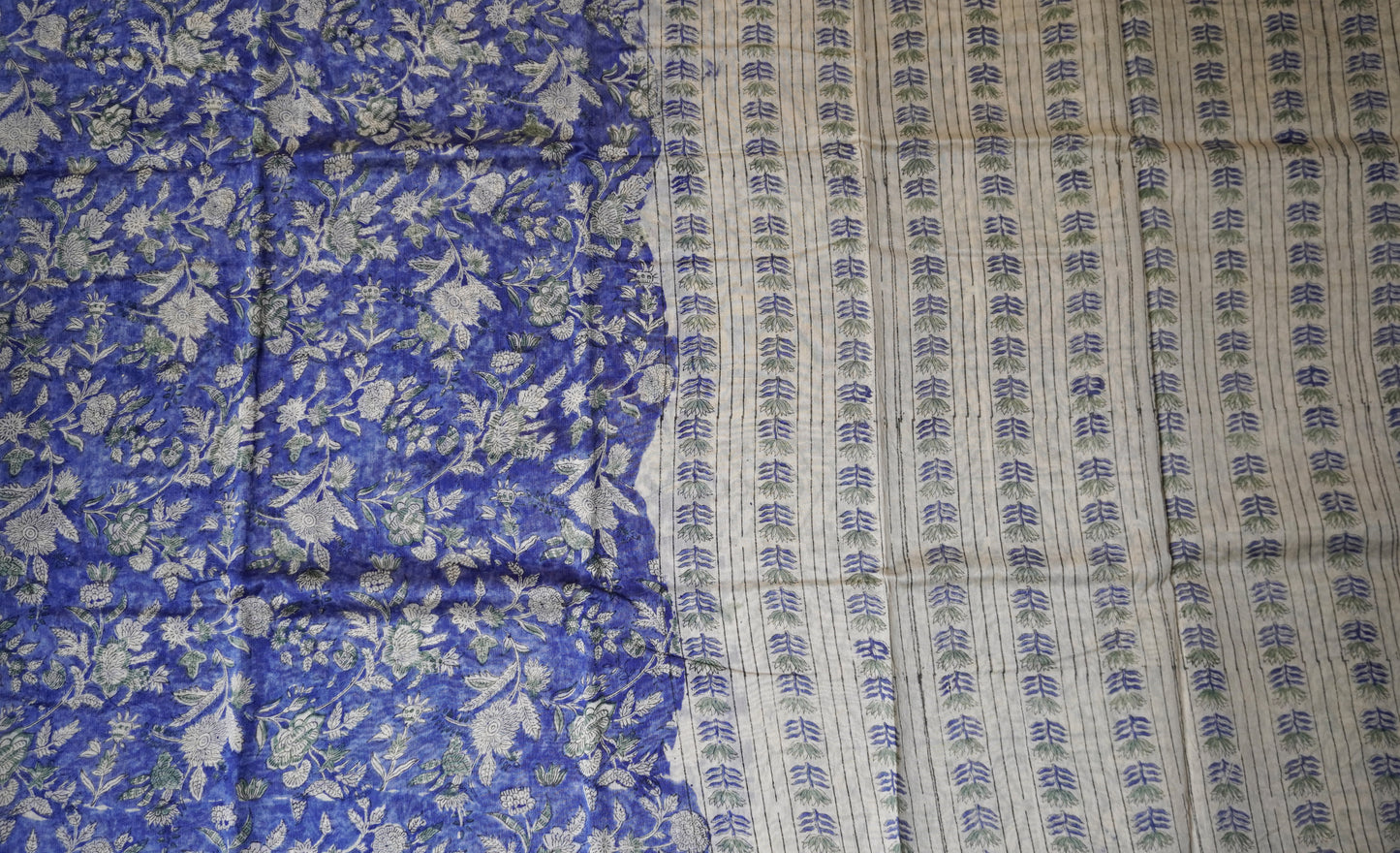 Blue Block Printed Chanderi Cotton Saree With Floral Motifs