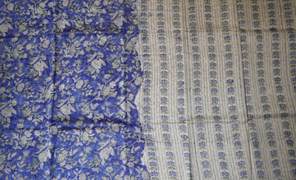 Blue Block Printed Chanderi Cotton Saree With Floral Motifs