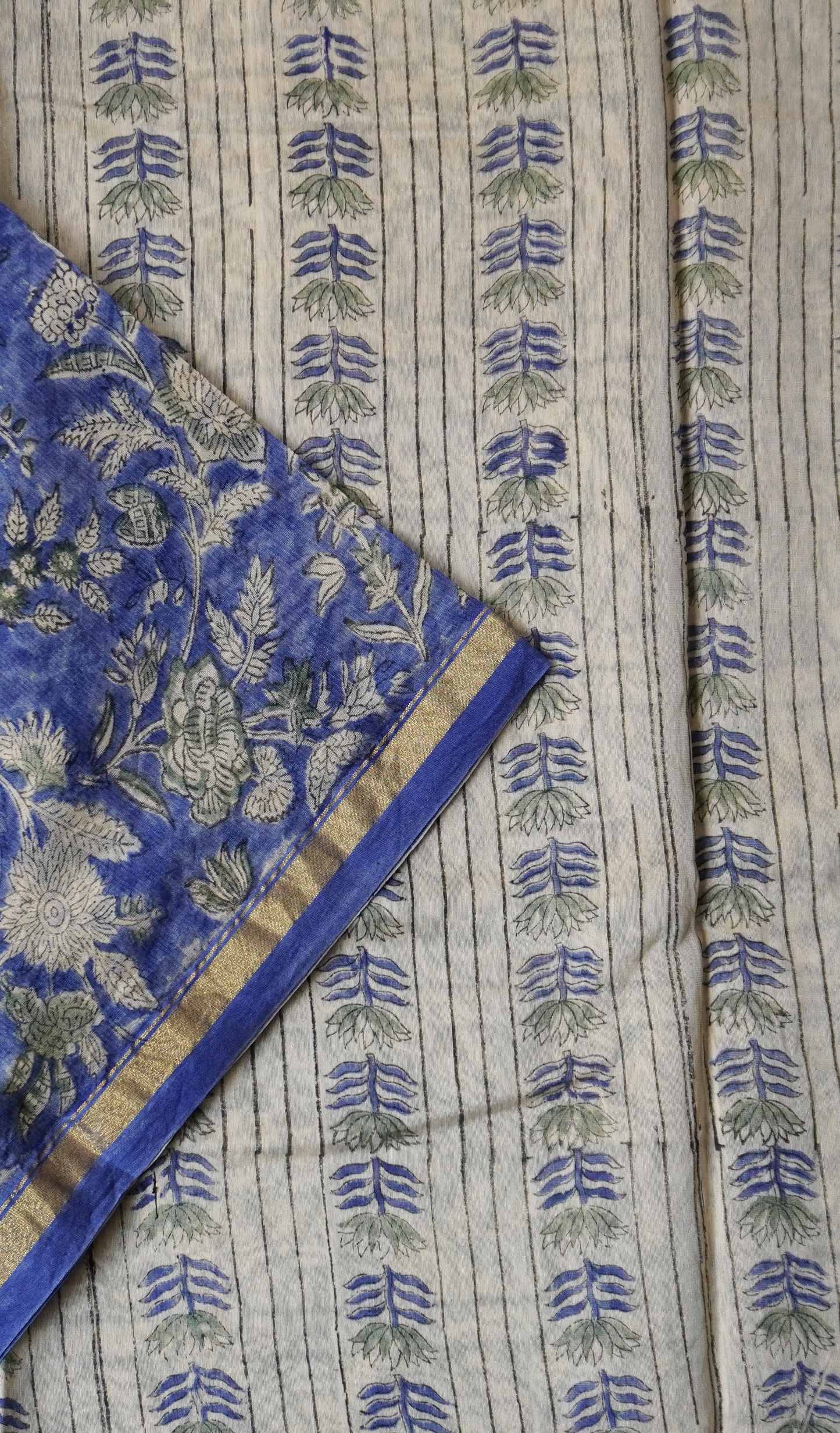 Blue Block Printed Chanderi Cotton Saree With Floral Motifs