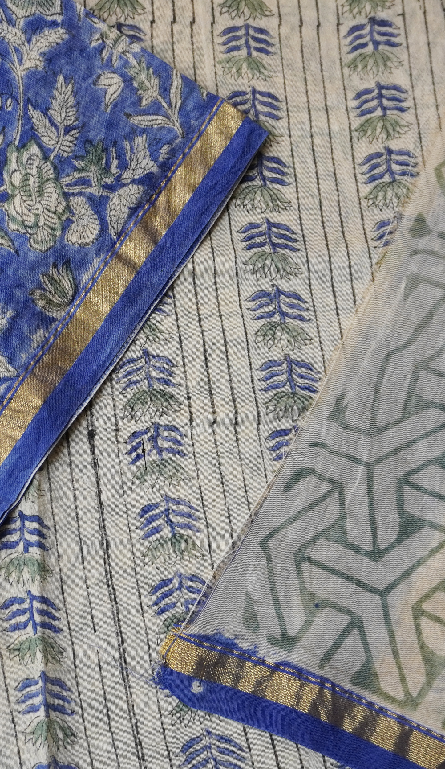 Blue Block Printed Chanderi Cotton Saree With Floral Motifs