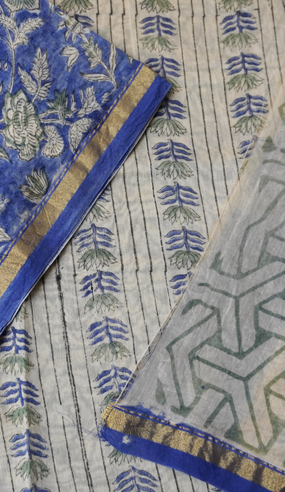 Blue Block Printed Chanderi Cotton Saree With Floral Motifs