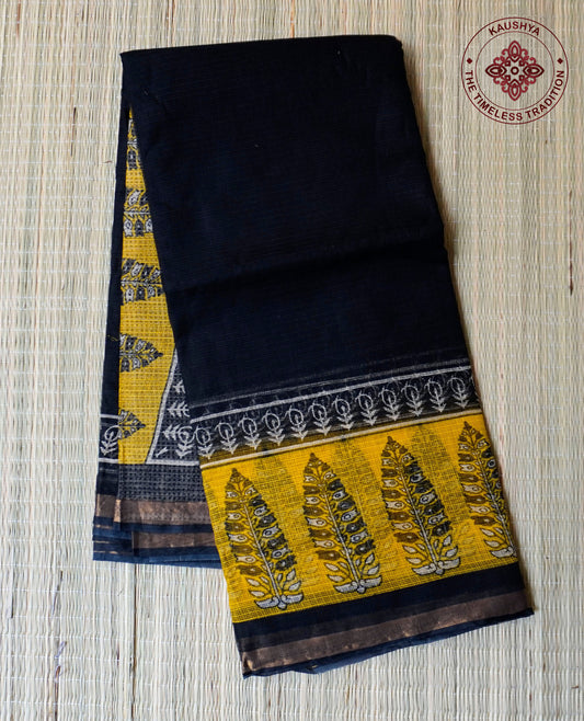 Black & Mustard Handblock Kota Doria Saree with Leaf Motifs