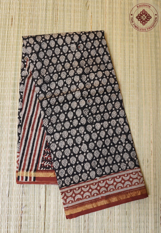 Black & Red Border Block Printed Chanderi Cotton Saree With Floral Motifs