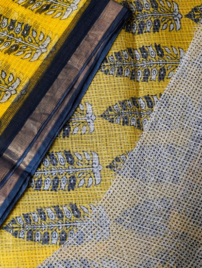 Black & Mustard Handblock Kota Doria Saree with Leaf Motifs
