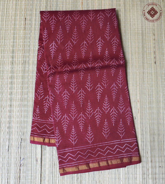 Wine Red Block Printed Chanderi Cotton Saree