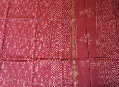 Wine Red Block Printed Chanderi Cotton Saree
