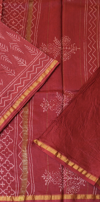 Wine Red Block Printed Chanderi Cotton Saree