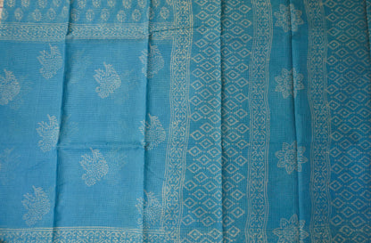 Neon Blue Kota Doria Saree with Subtle Pine Motifs