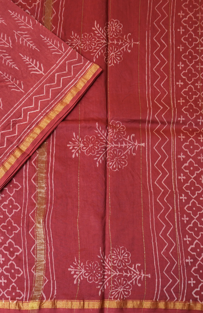 Wine Red Block Printed Chanderi Cotton Saree
