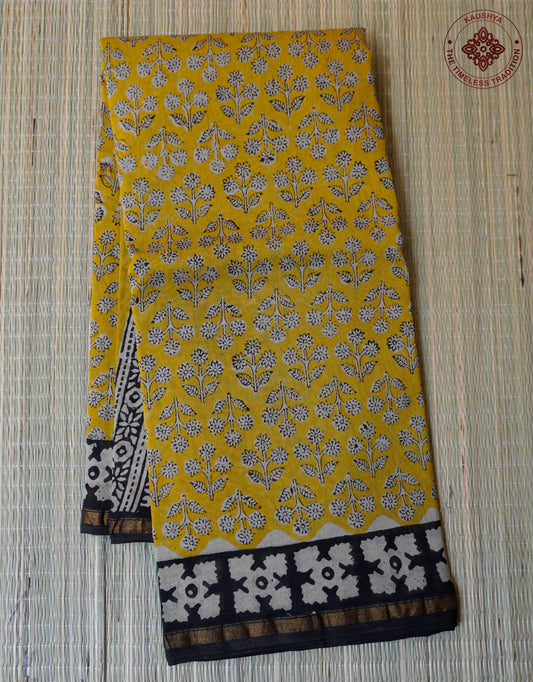 Yellow & Black Border Block Printed Chanderi Cotton Saree With Floral Motifs