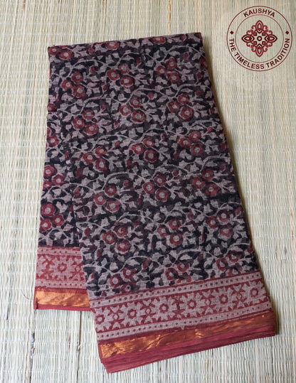 Deep Maroon & Black with Botanical Block Print Kota Doria Saree