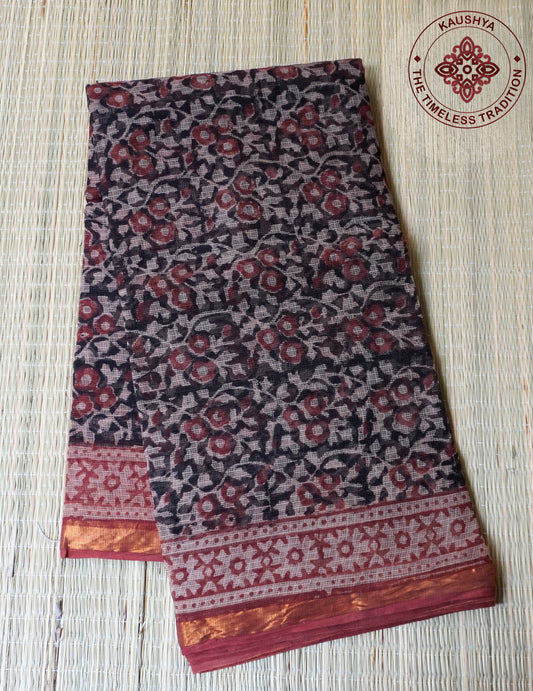 Deep Maroon & Black with Botanical Block Print Kota Doria Saree