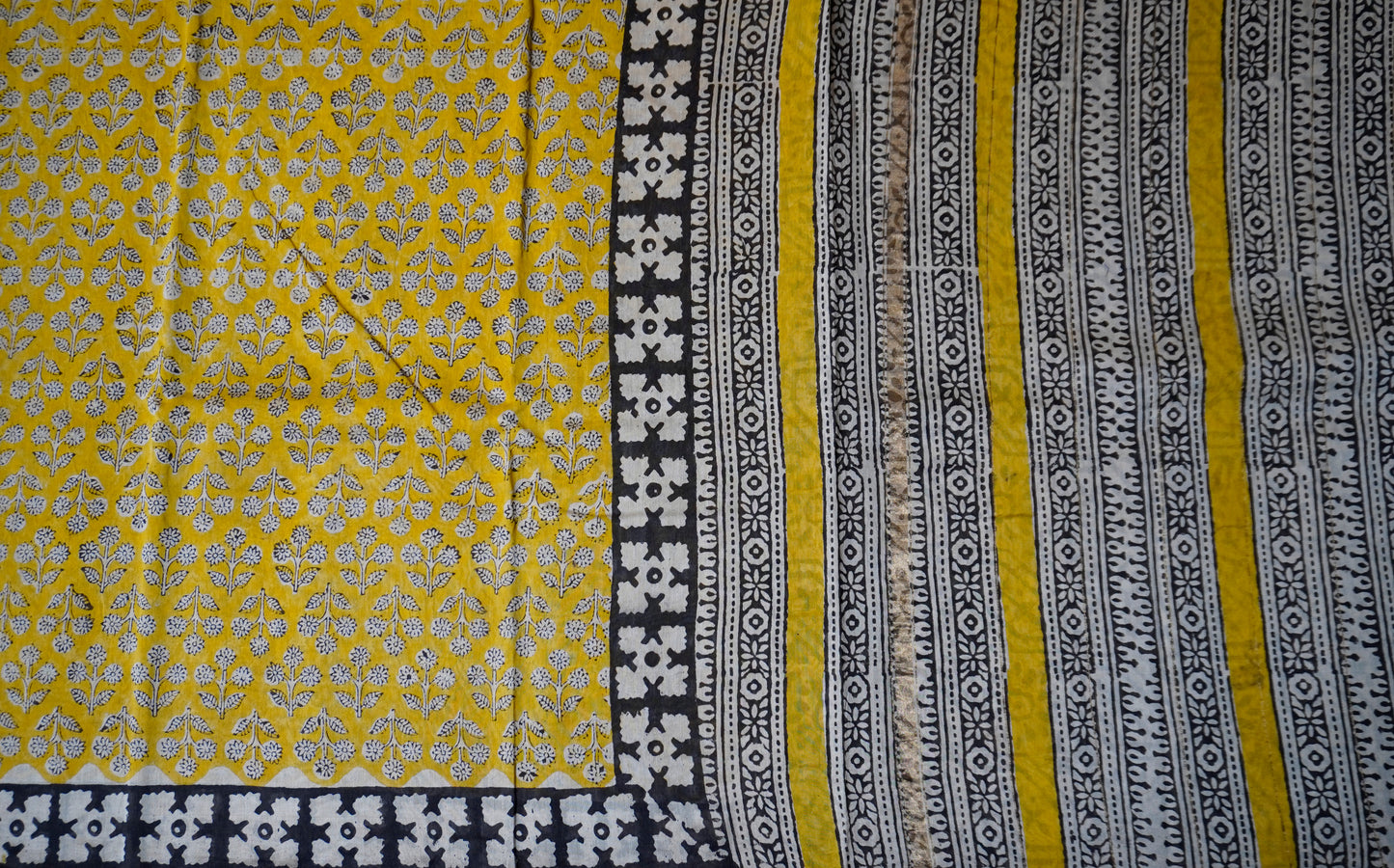 Yellow & Black Border Block Printed Chanderi Cotton Saree With Floral Motifs