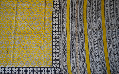 Yellow & Black Border Block Printed Chanderi Cotton Saree With Floral Motifs