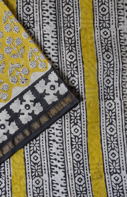Yellow & Black Border Block Printed Chanderi Cotton Saree With Floral Motifs