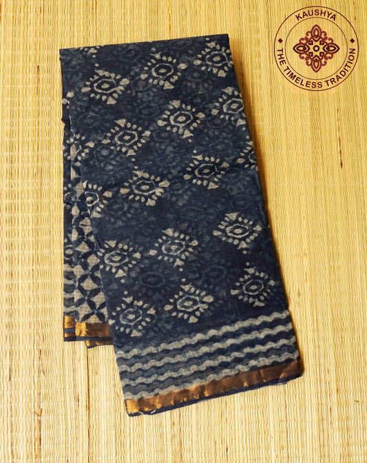 Indigo Blue Handblock Kota Doria Saree with Geometric Motifs